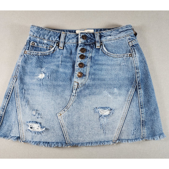 We The Free Womens Denim Skirt Size 25 Button Fly Distressed Mini - Picture 1 of 9